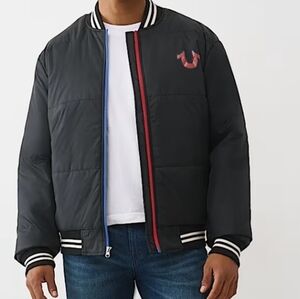 True Relugion Mens Black Puffer Jacket with Red Accent